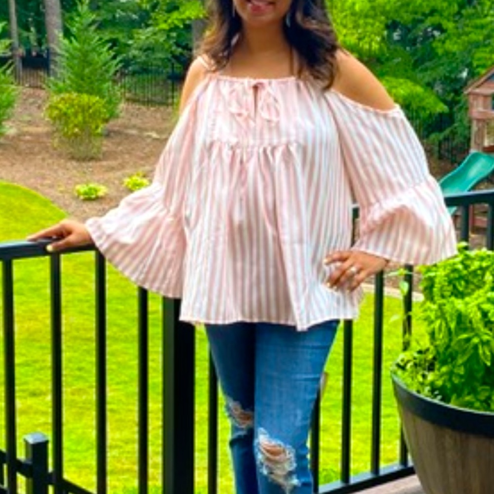 Striped Cold Shoulder Blouse - Pink by Andthewhy